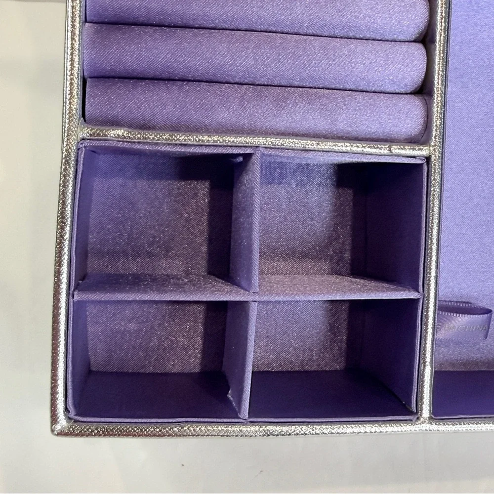 🆕 Vince Camuto Jewelry Box Silver Metallic Purple Satin Organizer Case